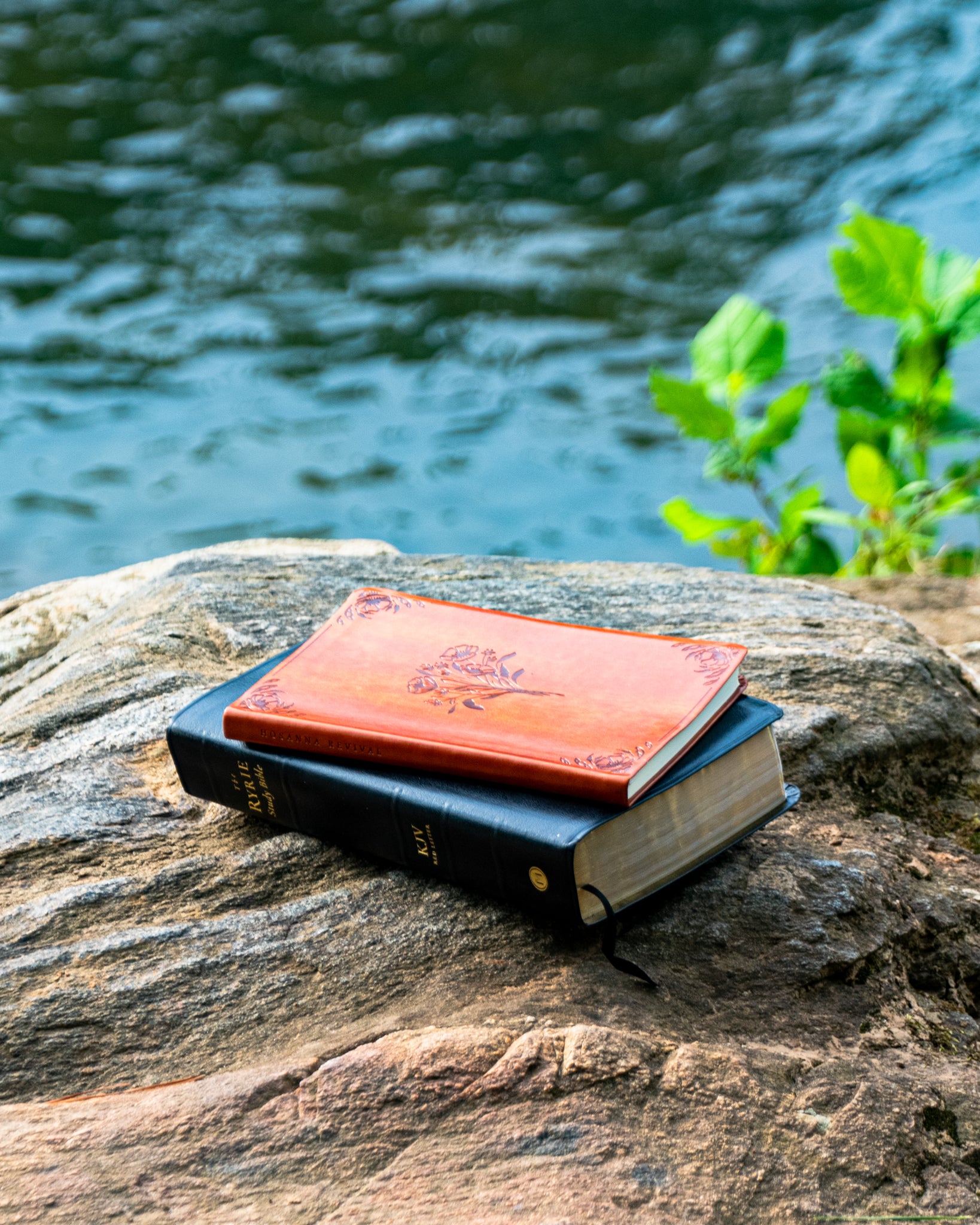 Prayer journal and a Bible stacked on a rock with water and greenery in the background